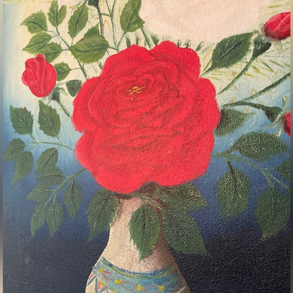 Original Signed Old Floral Still Life Painting on Nailed Canvas 20" x 15" - Picture 7 of 8